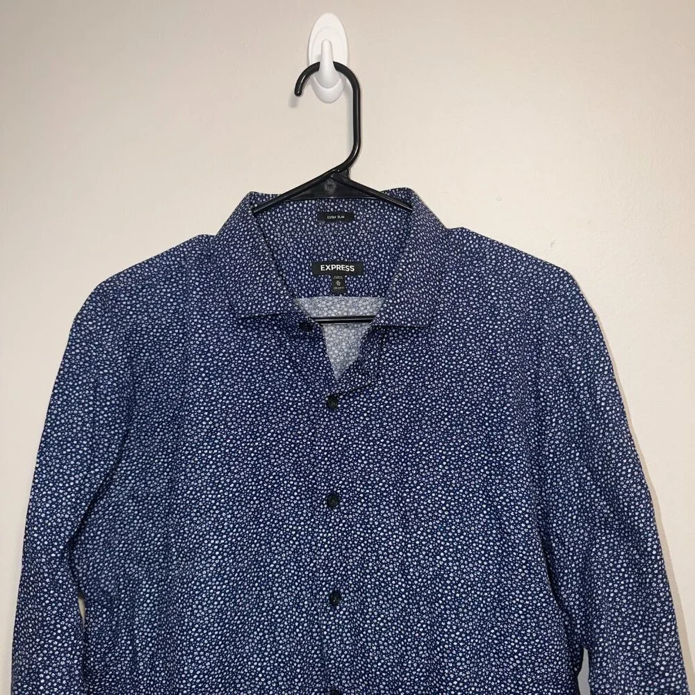 Express Men’s XL Extra Slim Long Sleeve Button Up Shirt Blue Print - Picture 4 of 7